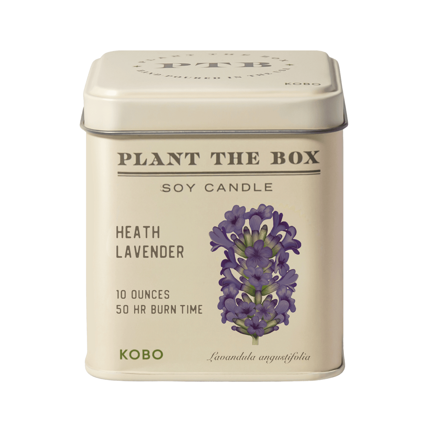 Front view of Heath Lavender Plant the Box 10-ounce tin candle with lavender artwork and 50-hour burn time