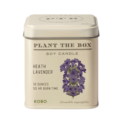 Front view of Heath Lavender Plant the Box 10-ounce tin candle with lavender artwork and 50-hour burn time