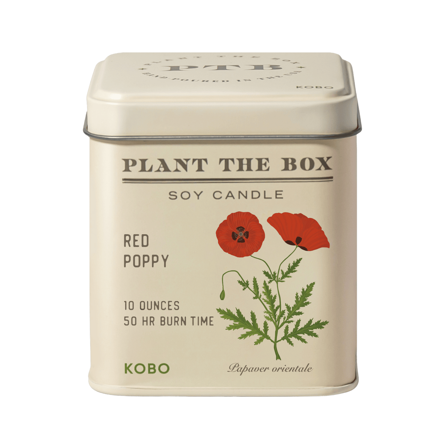 Front view of Red Poppy Plant the Box 10 oz tin candle showcasing red poppy artwork and 50 hour burn time