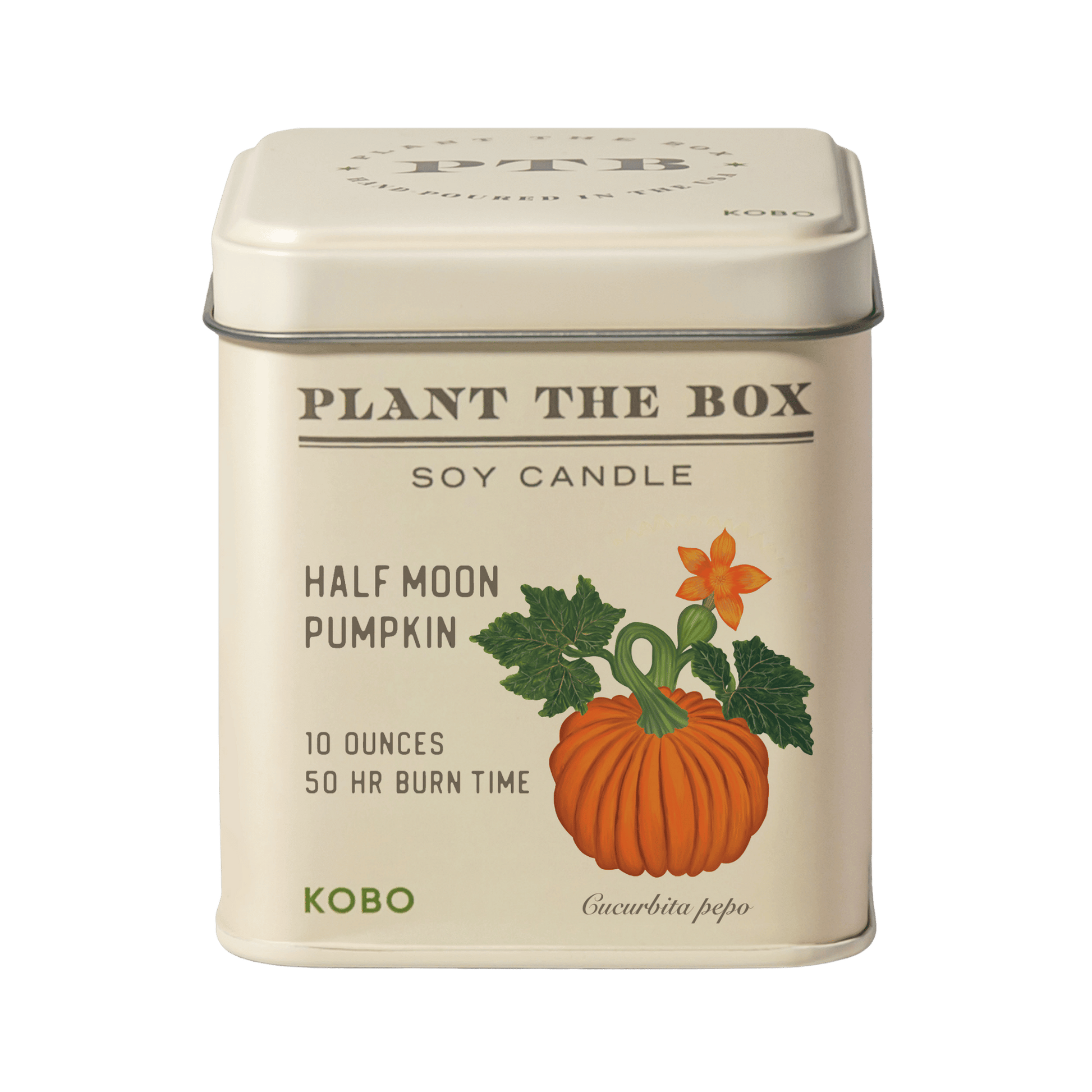 Front view of Half Moon Pumpkin Plant the Box 10 oz tin candle with pumpkin artwork on a transparent background