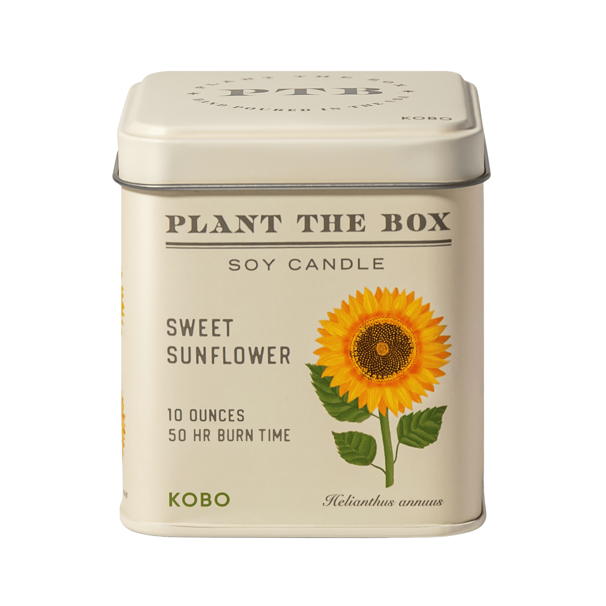 Front view of Sweet Sunflower Plant the Box 10 oz tin candle with sunflower design and 50 hour burn time