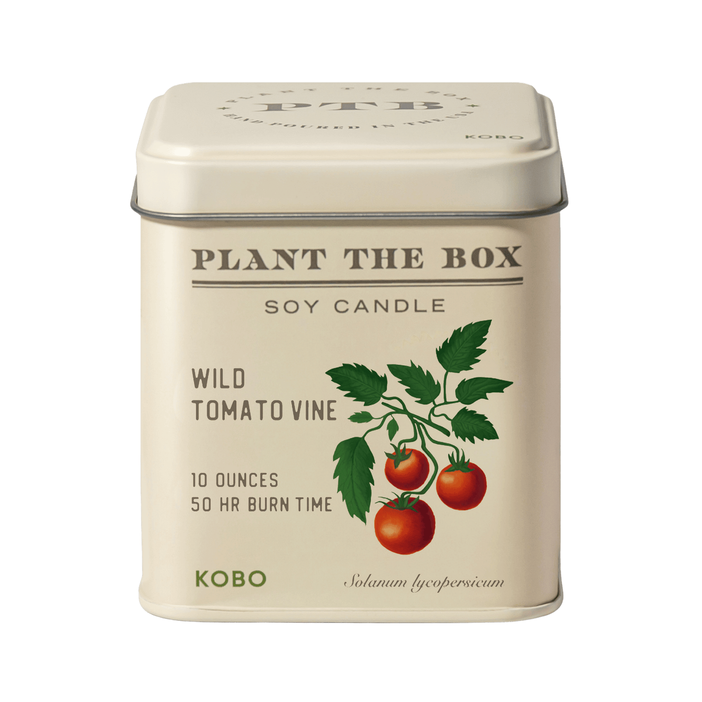 Front view of Plant the Box Wild Tomato Vine soy candle tin showcasing 10 ounce size and 50 hour burn time with transparent background