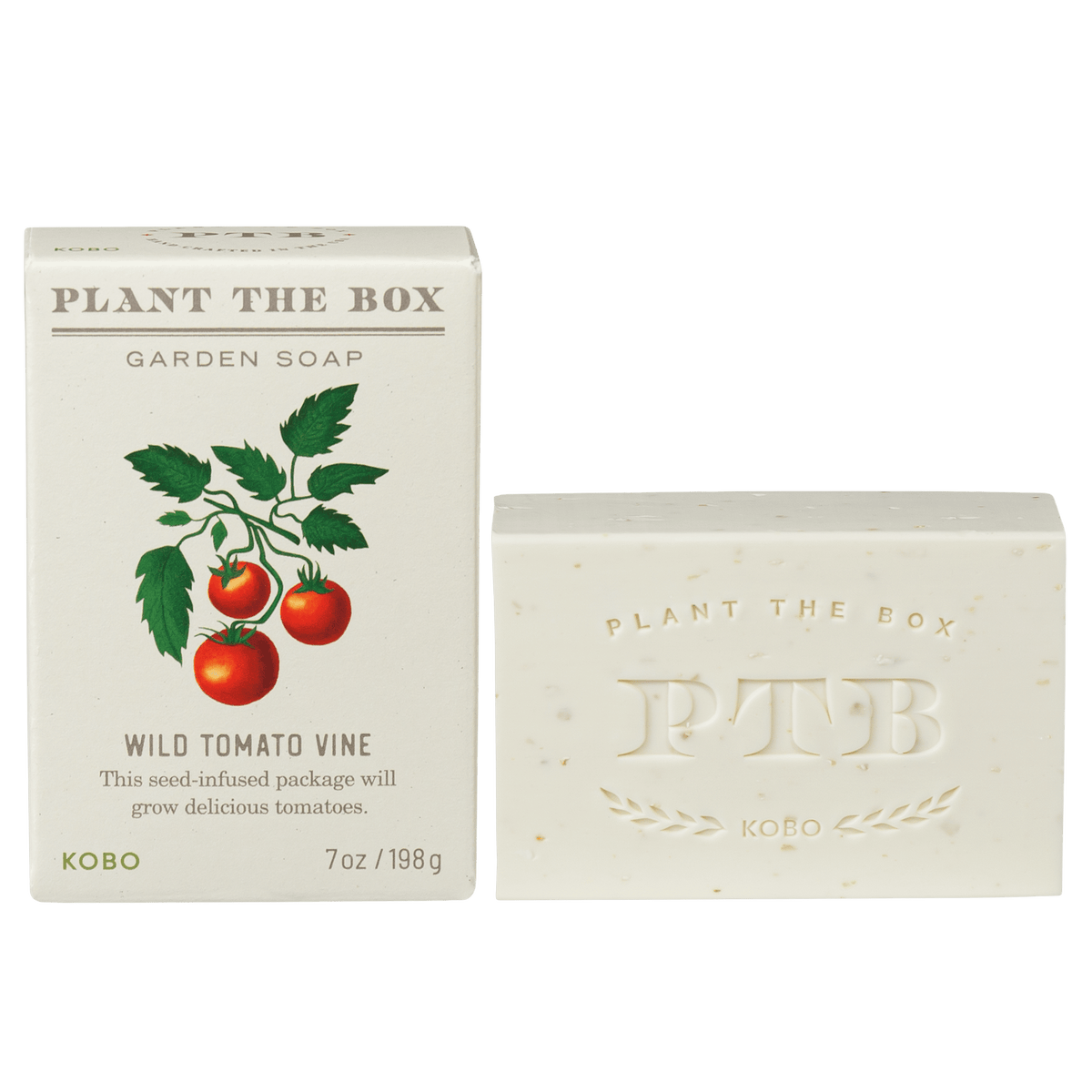 Front view of Wild Tomato Vine Plant The Box bar soap with tomato packaging and embossed soap bar on green background