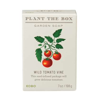Front view of Plant The Box Garden Soap showcasing Wild Tomato Vine artwork, 7 oz and 198 g, on a transparent background