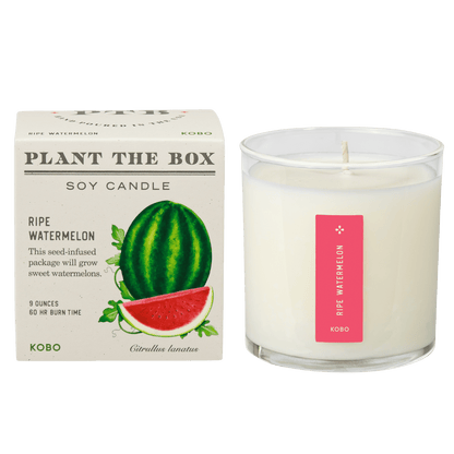 Side-by-side view of Ripe Watermelon Plant the Box 9 oz Candle showcasing its watermelon-themed box and glass jar