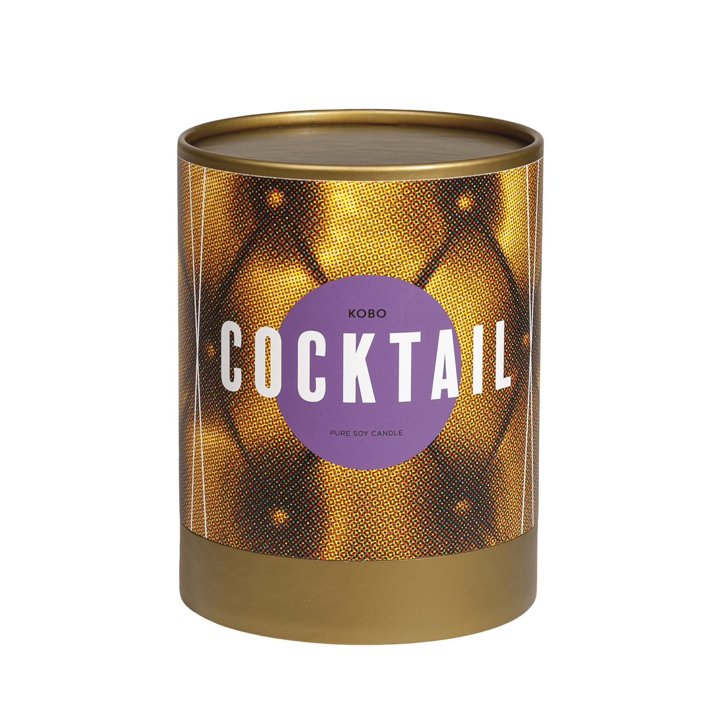 Front view of Cocktail pure soy candle showcasing its orange patterned tin with a transparent background
