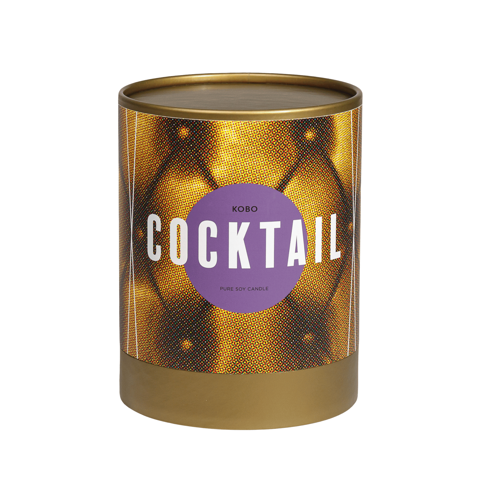 Front view of Cocktail pure soy candle showcasing its orange patterned tin with a transparent background