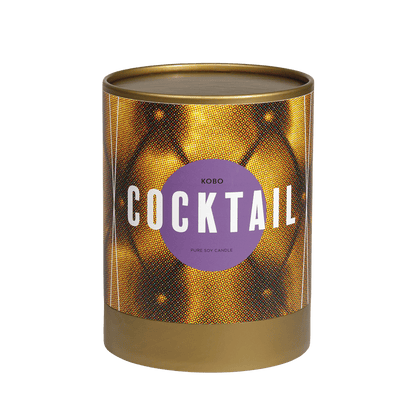 Front view of Cocktail pure soy candle showcasing its orange patterned tin with a transparent background