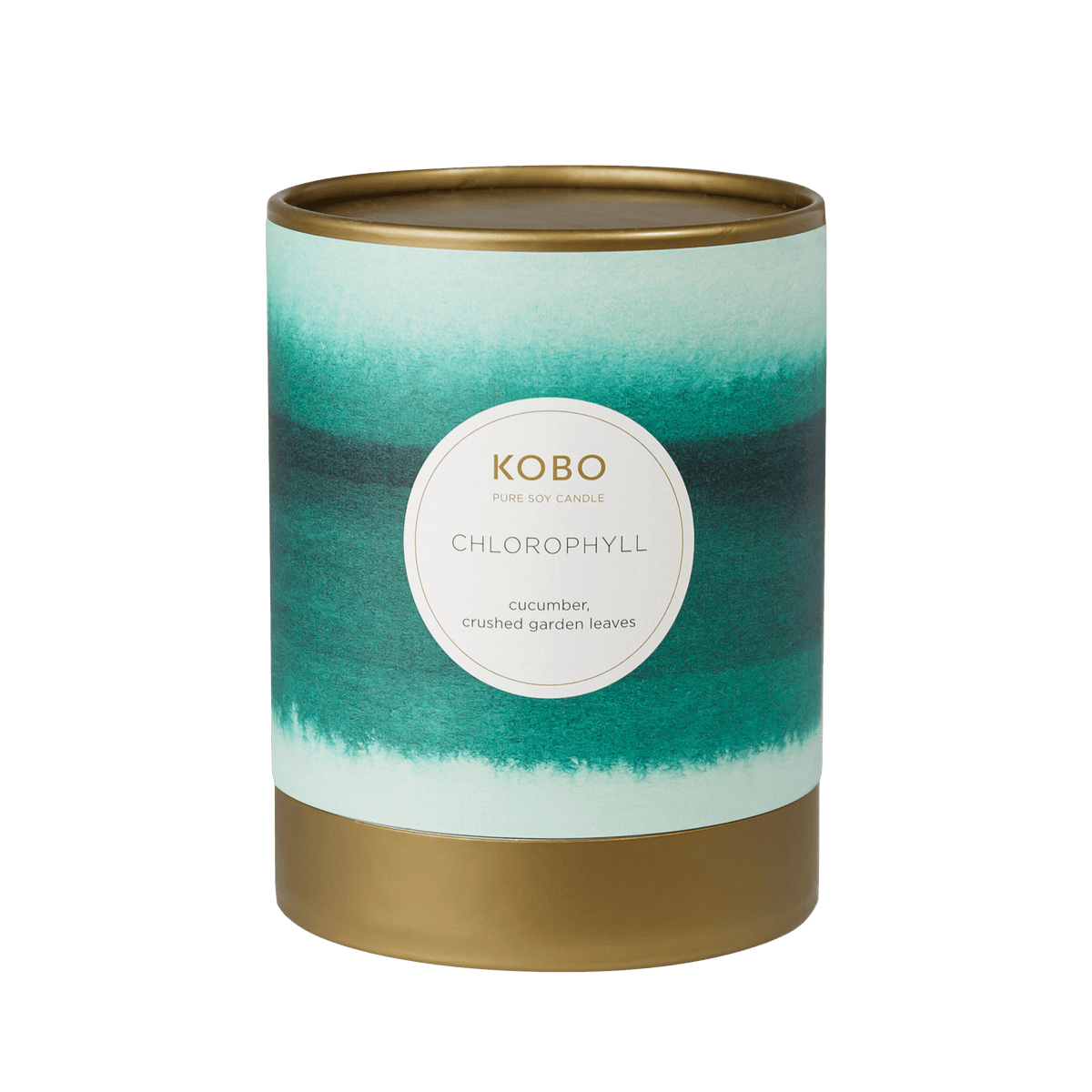 Front view of Chlorophyll Watercolor Candle showcasing teal watercolor design, gold rim and base with transparent background