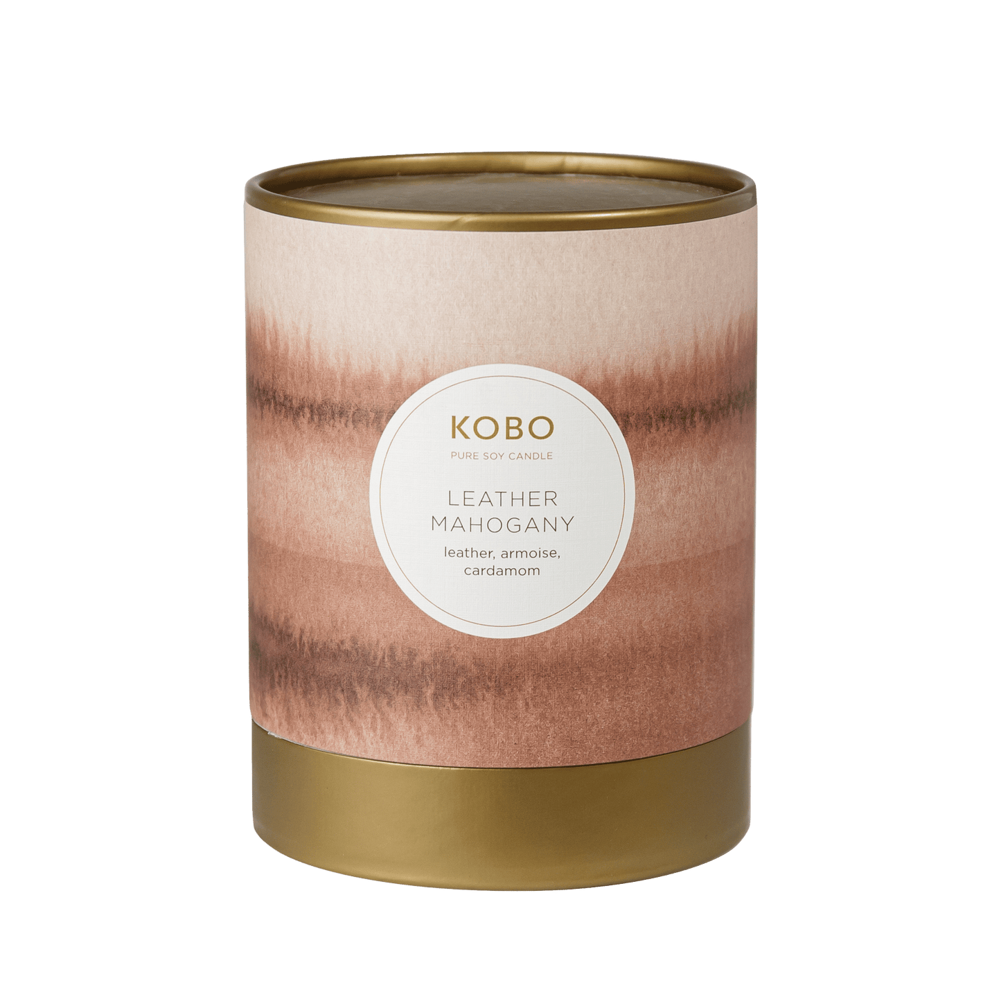 Front view of KOBO Leather Mahogany Pure Soy Candle showcasing its watercolor-style copper vessel with a transparent background
