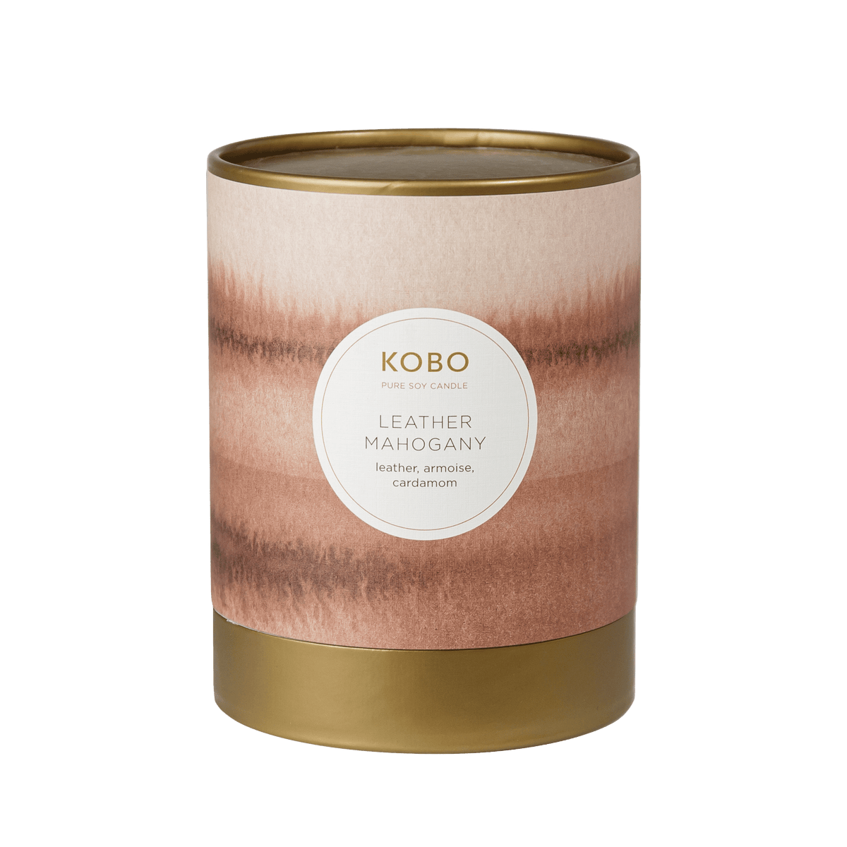 Front view of KOBO Leather Mahogany Pure Soy Candle showcasing its watercolor-style copper vessel with a transparent background