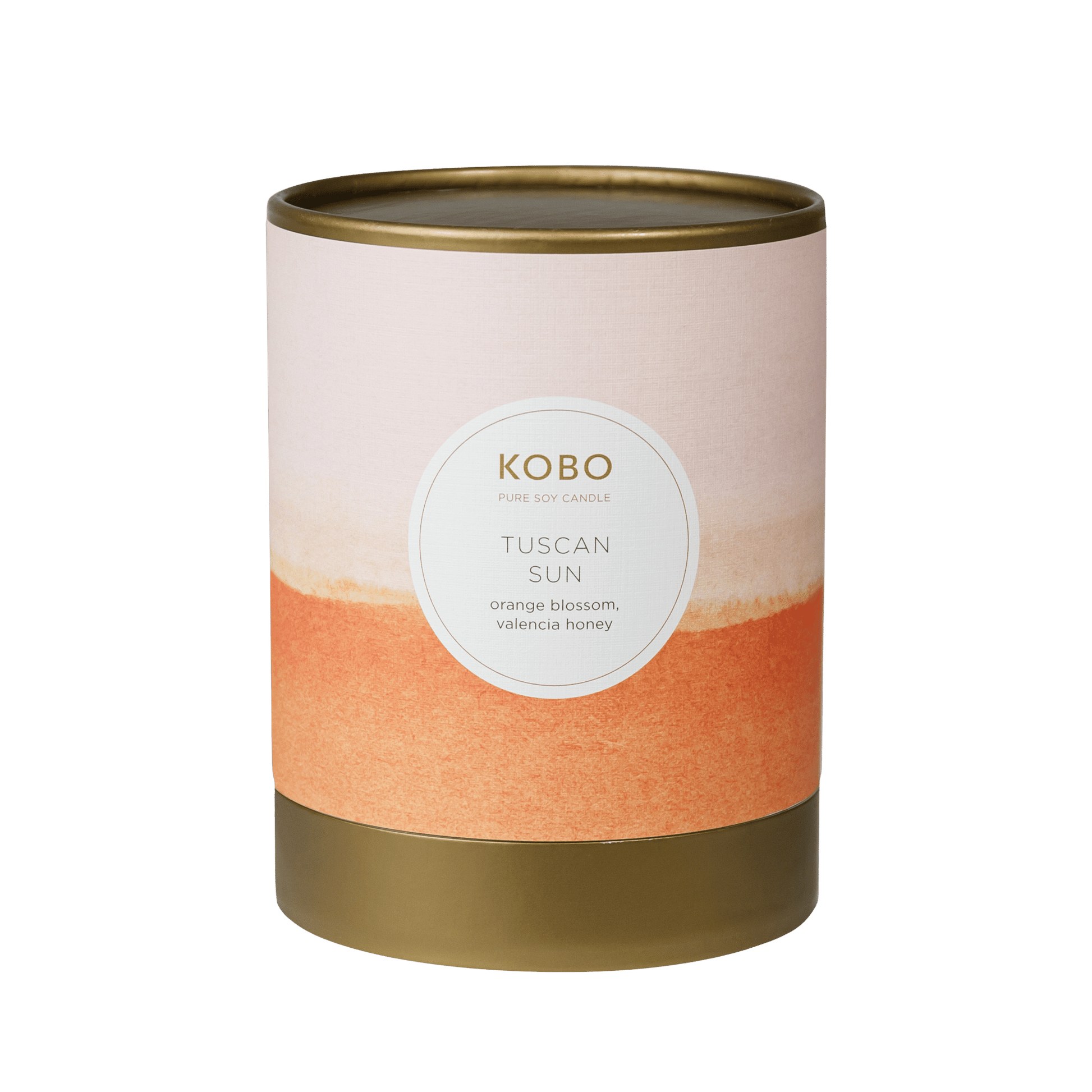 Front view of Tuscan Sun Watercolor Candle showcasing orange and beige design on a brown vessel